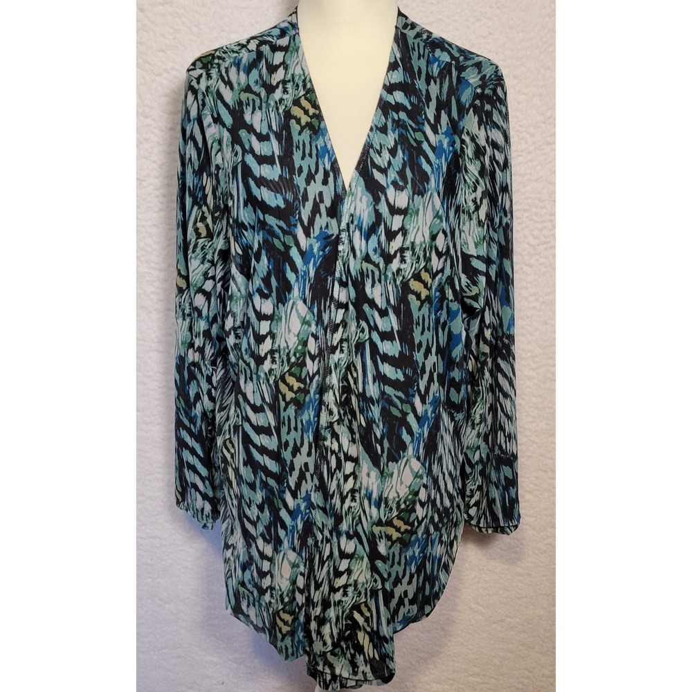 Chico's‎ Womens Cardigan Size 4 Open Front Green Blue Black Long Sleeve 1566